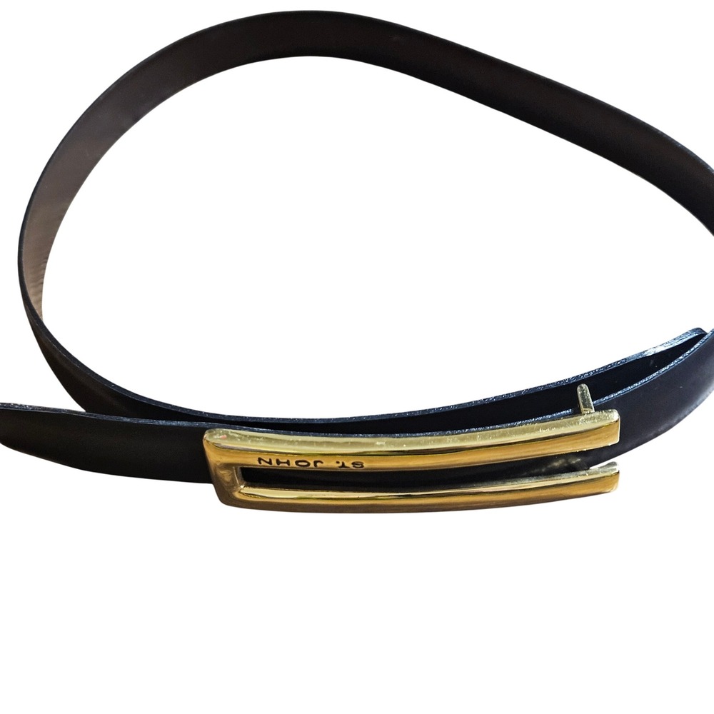 St. John Gold Tone Rectangular Logo Buckle‎ Leather Belt Classic Quiet Luxury
